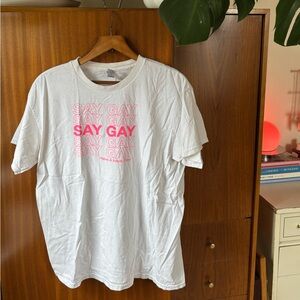 Gildan White Short Sleeve Tee with Pink "SAY GAY" Graphic